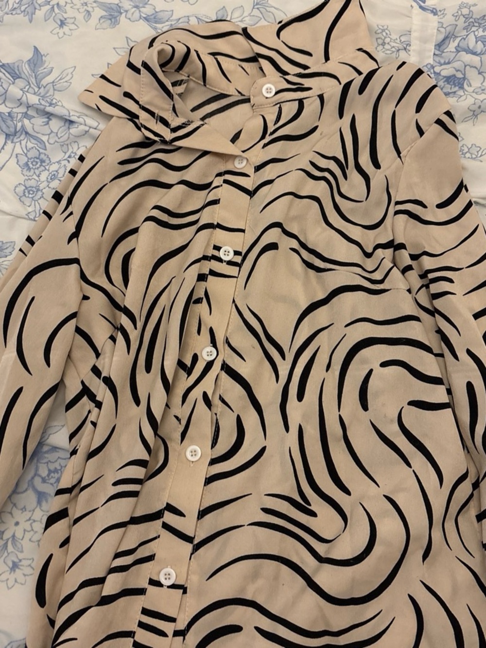 Beige Button-Up Top with Black Swirl Print